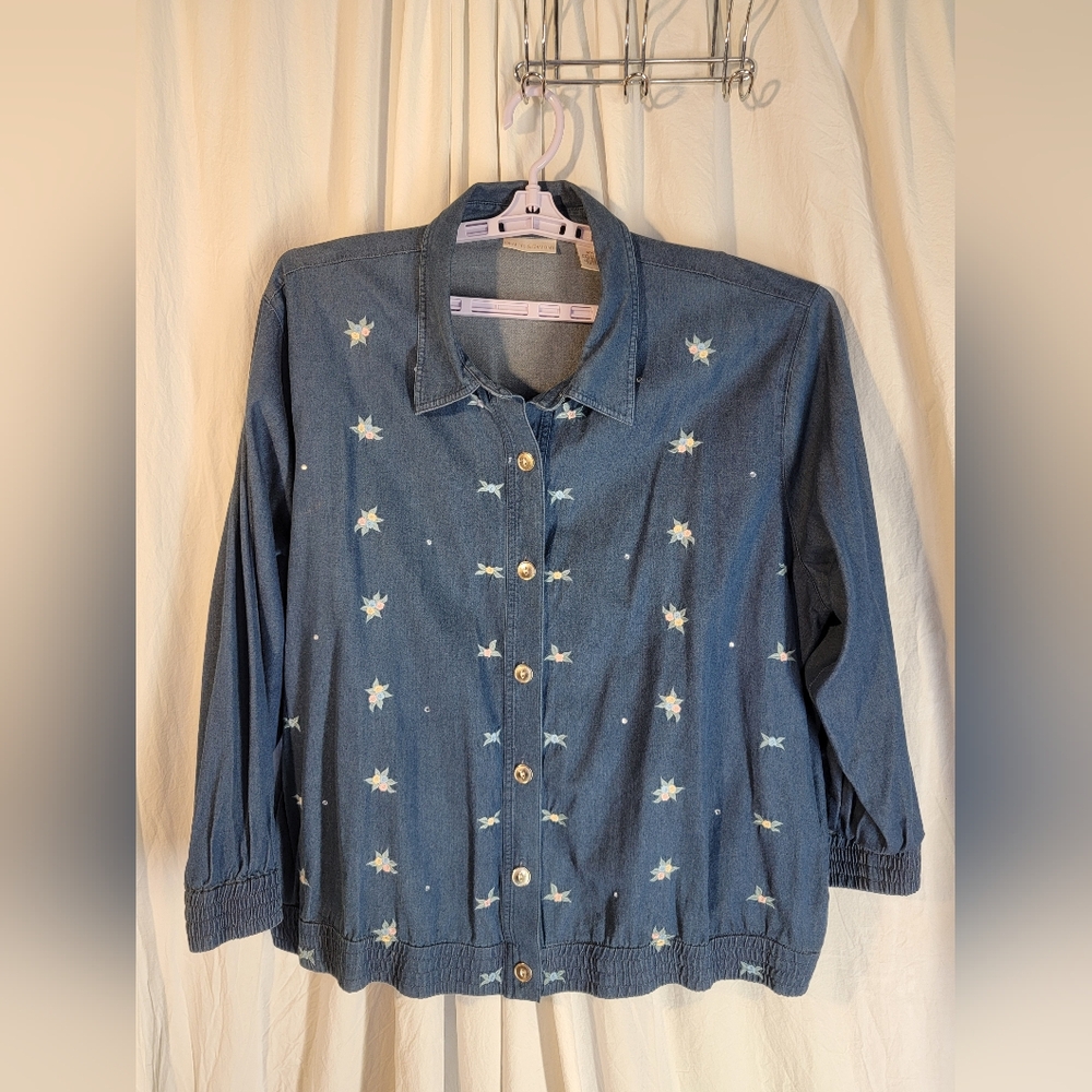 Embroidered Denim Button-Up Shirt Jacket With Subtle Rhinestones